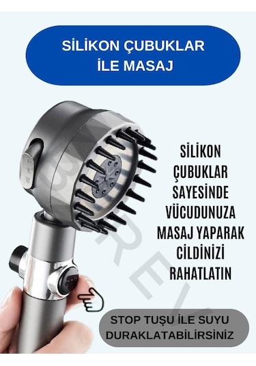 Yeni Nesil Masaj Uçlu Filtreli Stop Tuşlu 360 Döner 3 Fonksiyonlu Su Tasarruflu Basınçlı Duş Başlığı Gri - Gümüş