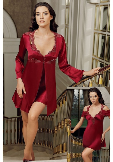 İmaj 4207 Dantelli Saten Gecelik Sabahlık Takım-bordo Bordo