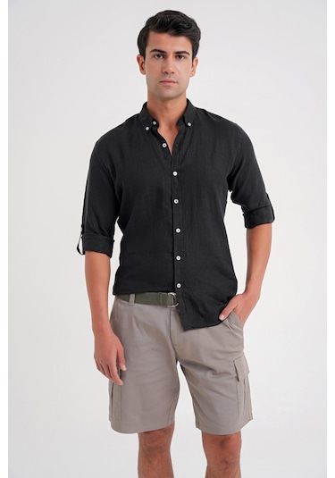 Comfort Fit Düğme Yaka Katlanır Kol %100 Keten Düz Siyah Gömlek G 1595 Siyah