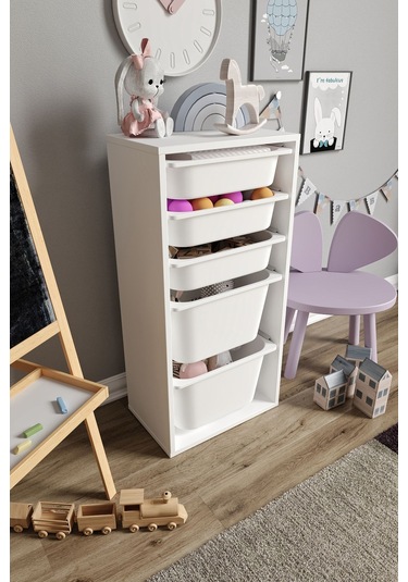 %100 Mdf - Medium Mono 5 Sepetli Oyuncak Dolabı Beyaz