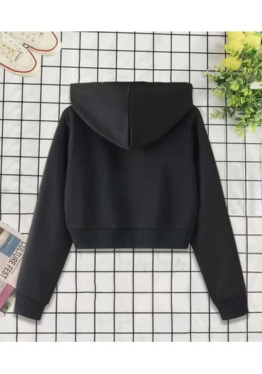 Siyah Kapüşonlu Crop Hırka Sweatshırt Siyah