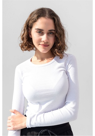 Gri Uzun Kollu Fitilli Bluz Crop Örme T-shirt Beyaz