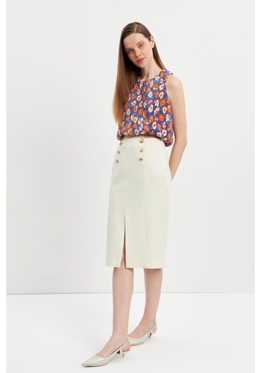 Stella Pulvis Krem Düğme Detaylı Kalem Etek Krem