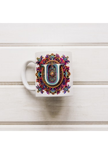 U Harfi Boho Bardak, Renkli Özel Tasarım Hediyelik Harfli Kupa, 330ml Porselen Beyaz