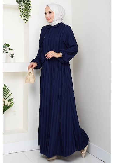 Çapraz Bağlamalı Bürümcük Elbise 1617 - Lacivert Lacivert