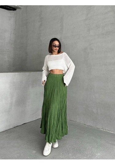 Kadın Buruşuk Modal Dokulu Soft Uzun Etek Yeşil