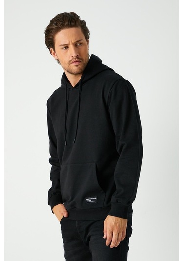 MMetalic Siyah Erkek Kapüşonlu Kanguru Cepli Sweatshirt