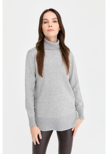 Desen Triko Kadın Tam Balıkçı Yaka Dikişsiz Kazak 23391 Gri Gri