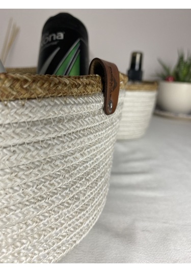 Beyaz Jüt 2li Yuvarlak Sepet Beyaz