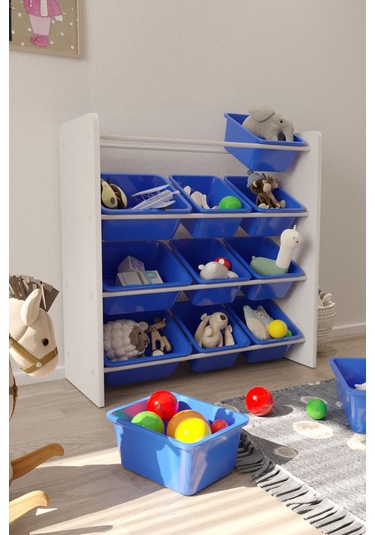 12 Sepetli Çok Amaçlı Oyuncak Dolabı Montessori Dolap Mavi