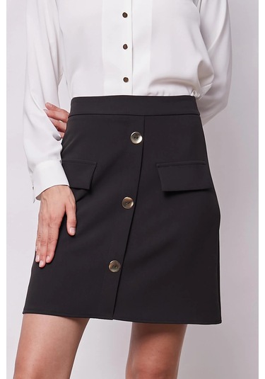 Kadın Diz Üstü Yüksek Bel Önü Düğmeli Cep Kapaklı Hafif Likralı Kumaş Çan Etek-siyah Siyah