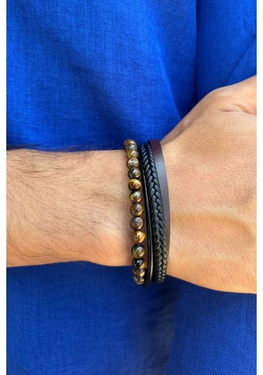 Kahverengi Doğal Taşlı El İşçiliği İle Üretilmiş Hakiki Deri Erkek Bileklik Kahverengi