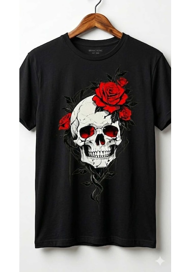 Erkek Kuru Kafa Kırmızı Gül Detayı Baskılı Pamuklu Regular T-shirt Siyah