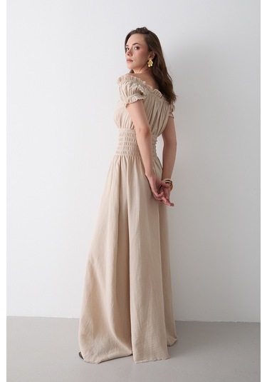 Natural Büzgülü Elbise - 2002 Bej