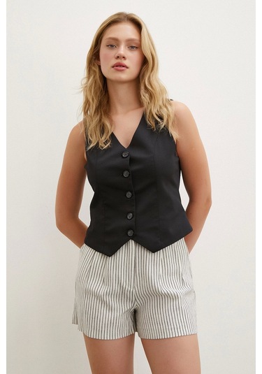 Never More Çizgili Cepli Şort Bej