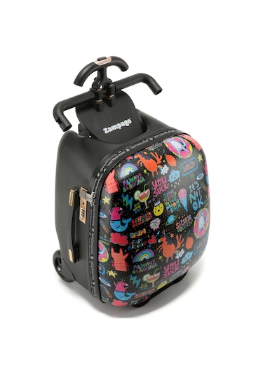 Renkli Desenli Binilebilir Çocuk Valizi Kabin Boy, Düşme Engelleyici Çok Renkli