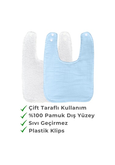 Pamuklu Sıvı Geçirmez Mama Önlüğü Bürümcük-havlu Çift Yönlü M-b Beyaz - Mavi