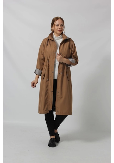 Uzun Astar Detaylı Bondit Trençkot Kahve Rengi Kahverengi