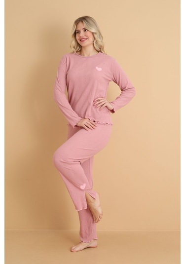 Mr-8601 Pointel Kumaş Mevsimlik Günlük Kalpli Kadın Pijama Takımı Pudra