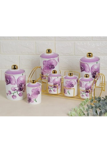 Fiona Mor Çiçek 8 Parça Gold Standlı Porselen Baharat Takımı Purebone-48 Beyaz