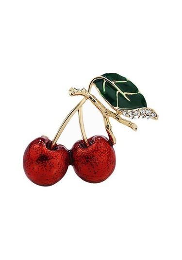 Sevimli Kiraz Taklidi Yaprak Emaye Canlı Canlı Kiraz Broş Renk Pin Şal Eşarp Yaka Rozeti Kırmızı - Yeşil