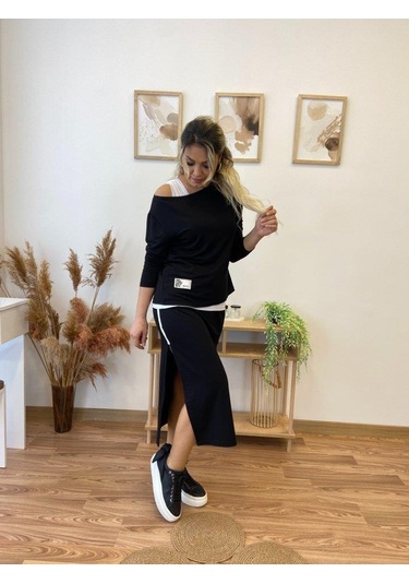 Kadın Uzun Kollu Tek Omuzu Açık Viskon Bluz Içi Atletli Ve Yandan Şeritli Üçlü Viskon Ikili Takım Siyah