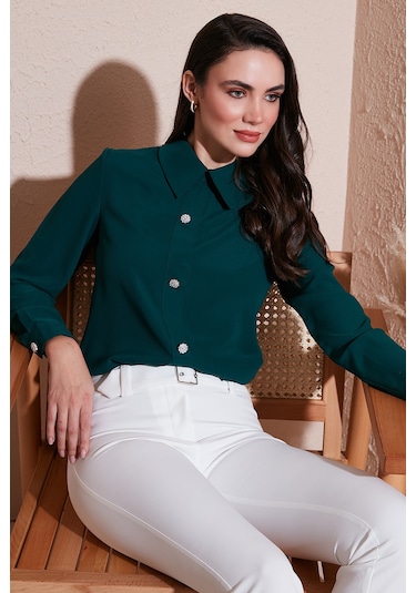 Lela Taşlı Regular Fit Gömlek Yaka Fermuarlı Bayan Bluz 611Bz0493 Zümrüt