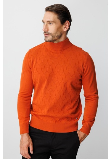 Turuncu Standart Fit Dar Kalıp Yarım Balıkçı Düz Uzun Kollu Triko-10096 Turuncu
