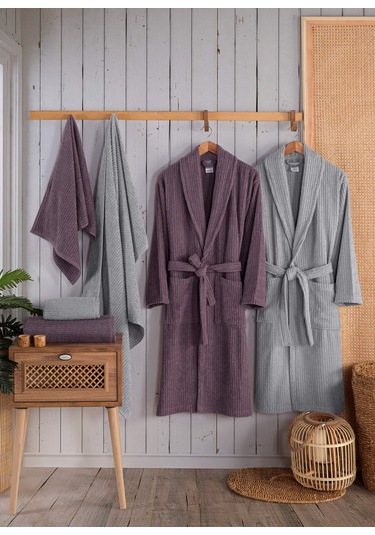 Newhome Alfa 6 Parça Kutulu %100 Pamuk Lüx Aile Bornoz Seti Mürdüm-gri Karışık