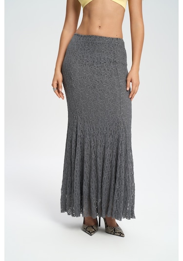 Veylia Uzun Antrasit Dantel Etek Antrasit