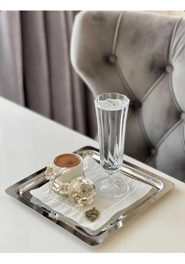 Abant 6'lı Lüx Kare Paslanmaz Çelik Gümüş Renk 21x21cm Kahve Servis Sunum Tepsisi&tabağı