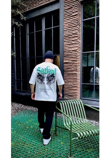 Oversize Baskılı Bisiklet Yaka T-shirt Beyaz