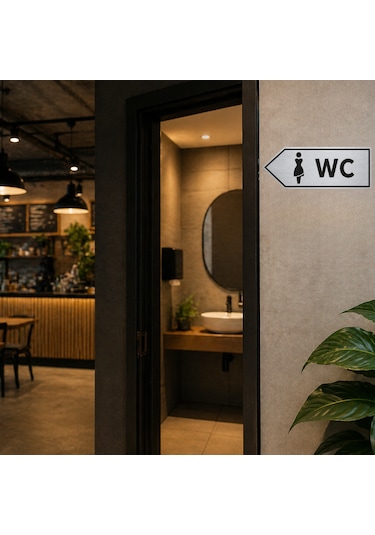 Wc Yön Tabelası Metal Levha 20x10 Cm Gümüş Renk Tuvalet Yönlendirme Levhası Sol Ok Bayan