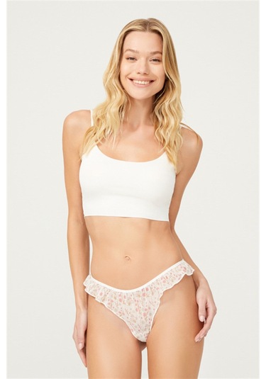 Krem Çiçek Desenli Tül Kenarları Fırfırlı Tanga Külot Krem