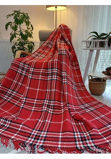 Çift Kişilik Skoç Battaniye 180 220cm Kırmız-beyaz Kırmızı