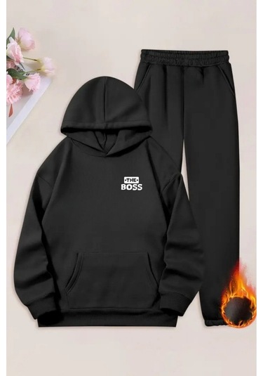 Unisex Siyah The Bos Baskılı Eşofman Kapüşon- Kışlık Şardonlu Kumaş Siyah