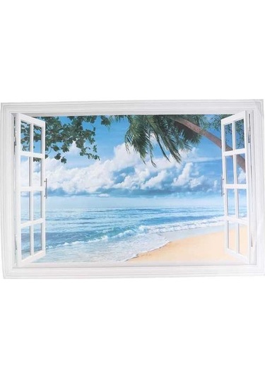 Pazly Windows Suntek Seascape Sahte Living Duvar Çıkartması Beach 3d Op Ahşap