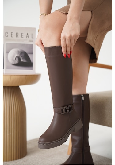 D942 Soğuk Geçirmez Kışlık Kadın Çizme Kahverengi