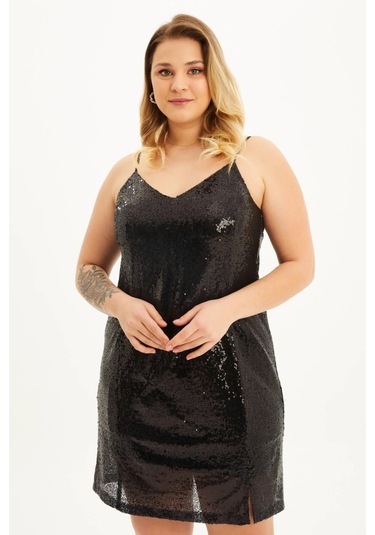 Astarlı Payetli İp Askılı Yırtmaçlı Elbise-1686 Siyah