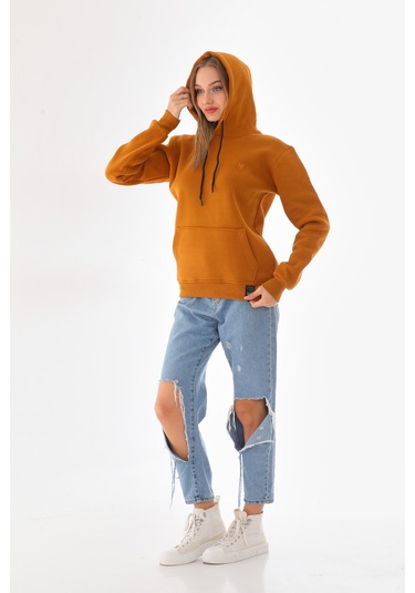 Everest Everst Kapüşonlu 3 İplik Şardonlu Cepli Sweatshirt Hardal