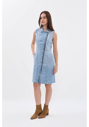 Kadın Açık Mavi Fermuarlı Jean Elbise Açık Mavi
