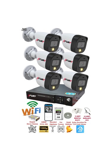 Fury 6 Kameralı Gece Renkli 1080p 2mp Görüntü Full Hd Ultra Led Gece Renkli Güvenlik Kamerası Seti 500gb
