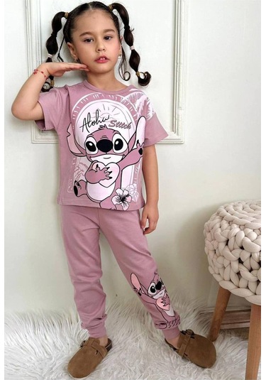 Kız Çocuk Stitchh Desenli Kısa Kollu Tshırt Eşofman 2'li Takım-980 Gül Kurusu