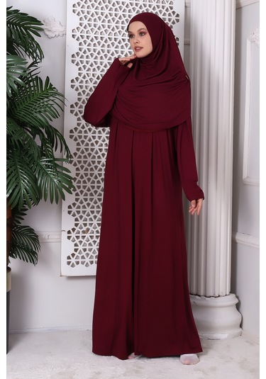 Tek Parça Pratik Başörtülü Robalı Namaz Elbisesi 8015 Bordo