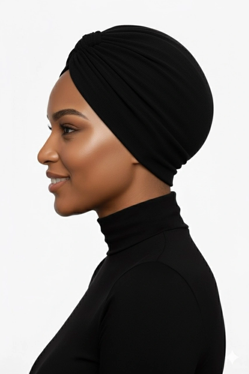 Pamuklu Bantlı Çapraz Astarlı Siyah Çizgi Desenli Hazır Türban Tesettür Havuz Bonesi Siyah-1