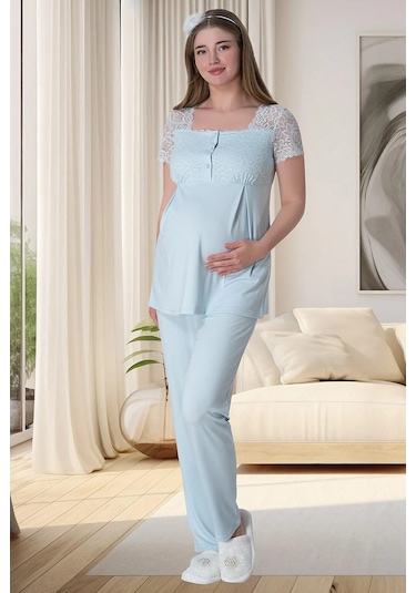 Mecit Pijama Mecit 6010 Mavi Dantelli Hamile Lohusa Pijama Takımı