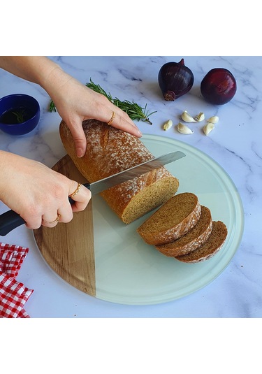 Kanallı Cam Kesme Tablası | Kenarı Ahşap Desenli | Çap32cm