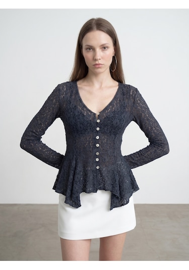 Dilvin 60433 Düğmeli Peplum Dantel Hırka-indigo İndigo