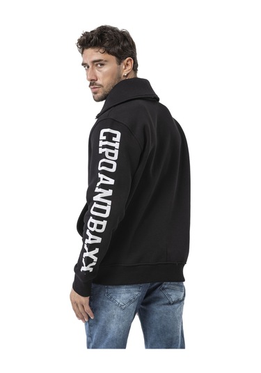 Cl605 Erkek Yarım Fermuarlı Sweatshirt "legendary" Kol Baskılı Ve Göğüs Logolu Kazak Siyah