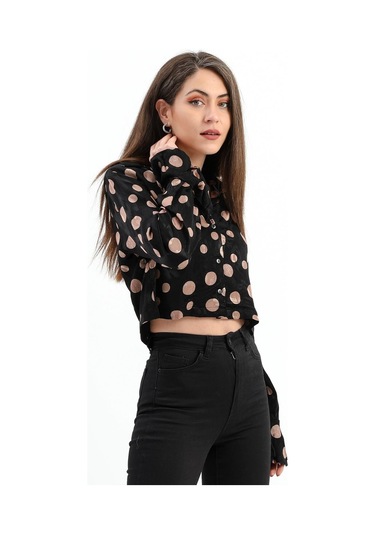 Omuzları Vatkalı Kolları Volanlı Puantiyeli Saten Gömlek - Siyah-camel-siyah-camel Camel - Siyah